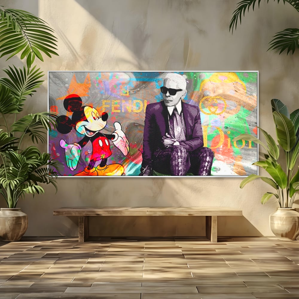 Tablou canvas cu tablou canvas cu mickey mouse si karl lagerfeld, in rama de aluminiu argintiu